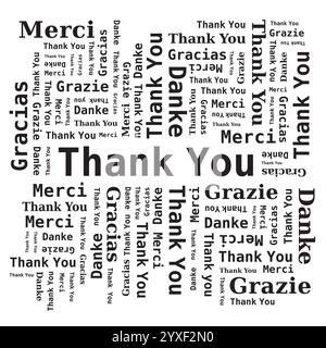 Vielen Dank Word Cloud in verschiedenen Sprachen - 5 Sprachen, Englisch, Französisch, Deutsch, Spanisch und Italienisch Stock Vektor