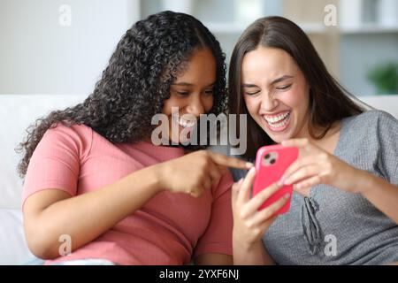 Zwei lustige Freunde, die zu Hause auf einer Couch sitzen, um Telefoninhalte zu knacken Stockfoto