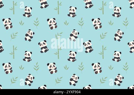 Ein sich wiederholendes Muster mit niedlichen Cartoon Pandas und Bambuspflanzen auf hellblauem Hintergrund. Stock Vektor