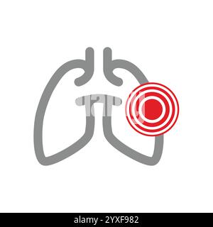 Menschliche Lungen mit roten Kreisschmerzen oder -Schmerzen. Pneumonie oder Asthma, Krebsvektorsymbol. Stock Vektor