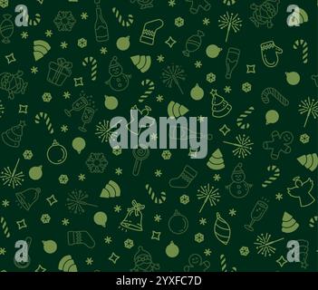 Grünes Weihnachtsmuster. Grüne Weihnachtssymbole auf grünem Hintergrund. Stock Vektor