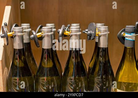 Weißer Sekt oder Portwein in einer transparenten Glasflasche in einem Vitrine in einem Supermarkt. Weißweinprobe Stockfoto