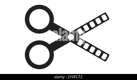 Schere und Filmrahmen. Schwarzes einfaches Symbol für Videobearbeitung auf weißem Hintergrund Stock Vektor