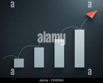 Papierflugzeug segelt auf Wachstumskurve. Papierkunst Stil des Geschäftserfolgs kreatives Konzept IDEA.3D-Rendering auf schwarzem Hintergrund. Stockfoto