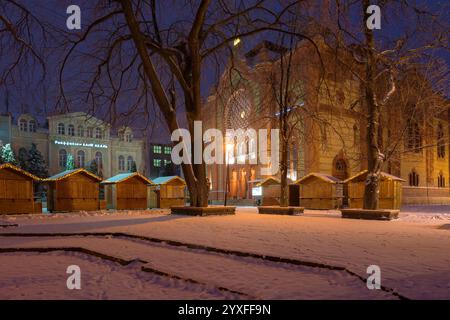 uschhorod, ukraine - 26. dezember 2016: Urbane Landschaft im Winter. Weihnachtszeit. weihnachtsszene im Stadtzentrum. Schneebedeckte leere Straße in der Nacht. cu Stockfoto