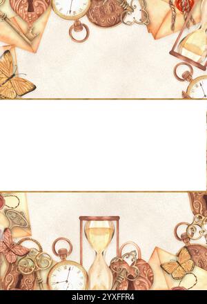 Fertige Postkarte mit rechteckigem monochromen Rahmen aus Vintage-Taschenuhr, Sanduhr, Schlüsseln, Schlössern, Umschlägen. Vintage-Clipart. Handgezogenes Wasserkol Stockfoto