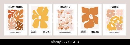 Moderne Blumenkarten. Abstrakte botanische Formen. Trendiger minimaler Matisse-Stil. Florale Kompositionen. Handgezeichnete blühende Pflanzen. Poster zum Blossom Market. Stock Vektor