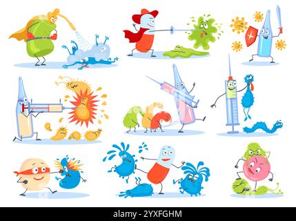 Arzneimittel gegen Viren. Antibiotika bekämpfen böse Keime. Karikaturmikroben und Injektionen. Pharmazie-Pillen-Charaktere und Krankheitserreger-Zellen-Kampf. K Stock Vektor