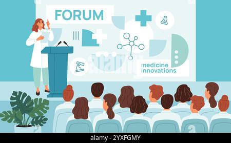 Internationales medizinisches Forum. Doktor der Tribüne. Präsentation der Innovation in der Medizin. Wissenschaftlerinnen-Charakter. Leistung ab Stufe. Konferenzaudien Stock Vektor