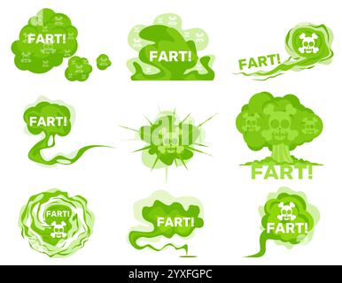 Grüner giftiger Furz. Stinkender Rauch. Schlecht stinkende saure Wolken. Comic-Cartoon-Aromapuff mit Beschreibungen. Schädel mit Knochen. Verdunstung von Giften. Verfaulter Geruch m Stock Vektor