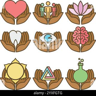 Set von pflegenden Vektorsymbolen mit Händen, die verschiedene Symbole für Gesundheit, Gemeinschaft und Wissenschaft halten Stock Vektor