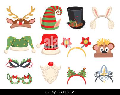 Lustige Weihnachtsmützen. Happy New Year Kopfbedeckung. Feiertagsfeier-Requisiten. Stirnbänder für Kaninchen. Elf und Santa Caps. Weihnachtsfotokabine Maskenartikel. Karnevalskostüm Stock Vektor