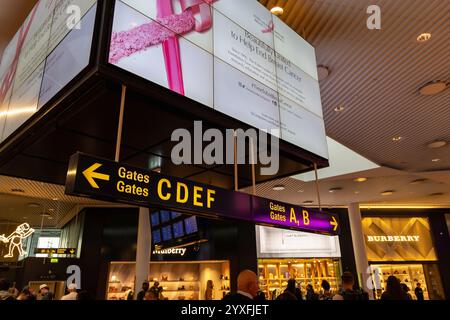 Informationstafel zum internationalen Flughafen Kopenhagen. Kopenhagen, Dänemark - 12. Dezember 2024 Stockfoto