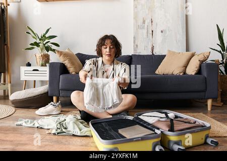 Eine junge Frau mit lockigen Haaren legt ihre Kleider in einen Koffer und genießt ihre lebhafte Wohnung. Stockfoto