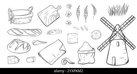 Windmühle, Weizenohren, leerer Strohkorb und gemischtes Brot handgezeichnet schwarz weiß Vektor isoliert. Satz von Strichillustrationen für Themen der Landwirtschaft Stock Vektor