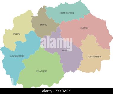 Vektorkarte von Nordmazedonien mit statistischen Regionen oder Gebieten und Verwaltungseinheiten. Bearbeitbare und klar beschriftete Ebenen. Stock Vektor