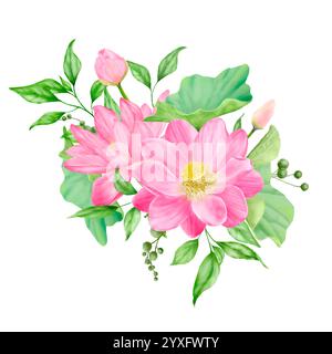 Blumenstrauß aus rosa Blüten mit gelben Staubblättern, eingerahmt von grünen Blättern und Zweigen. Digitale Illustration mit Aquarell. Indischer Lotus mit breiten Blütenblättern, isoliert Stockfoto