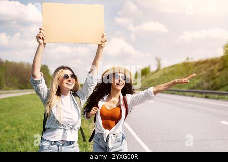 Zwei Freundinnen hitchen freie Fahrt, halten leeres Pappschild mit Mockup, halten Auto am Straßenrand, kopieren Raum Stockfoto