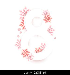 8. März, Postkarte, 3. Zarte Blumen, auf weißem Hintergrund internationaler Frauentag. Stock Vektor