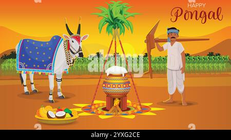 Happy Pongal Harvest Festival of Tamil Nadu Family Making Pongal, indisches Bauernfest in indien Stock Vektor