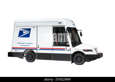 Postdienstleister der Vereinigten Staaten, der vollständig batteriebetriebenes EV-Fahrzeug ist Stockfoto