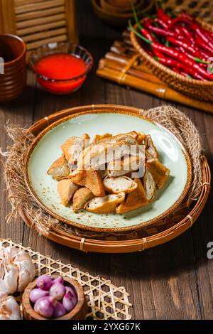 Tahu Walik, Inside Out Crispy Tofu gefüllt ist ein verarbeiteter Tofu-Snack, der in Stärke und anderen Zutaten mit Fleischbällchen gebraten wird Stockfoto