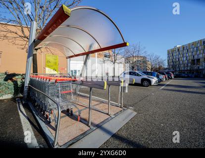 Turin, Piemont, Italien - 11. Dezember 2024: Einkaufswagen vor einem Einkaufszentrum. Stockfoto