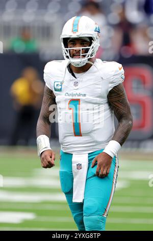 Houston, Texas, USA. Dezember 2024. Miami Dolphins Quarterback Tua Tagovailoa (1) vor dem Spiel zwischen den Houston Texans und den Miami Dolphins im NRG Stadium in Houston, Texas am 15. Dezember 2024. (Kreditbild: © Erik Williams/ZUMA Press Wire) NUR REDAKTIONELLE VERWENDUNG! Nicht für kommerzielle ZWECKE! Stockfoto