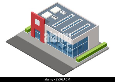 Eine isometrische Ansicht eines modernen Autohauses mit roter Fassade, Glaswänden und Parkplätzen, die Fahrzeuge im Inneren zeigen. Händlerbetrieb Stock Vektor