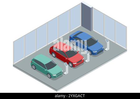 Ein isometrischer Ausstellungsraum mit drei Fahrzeugen in Grün, Rot und Blau. Digitale Kioske liefern Informationen über die Fahrzeuge. Händlerbetrieb Stock Vektor