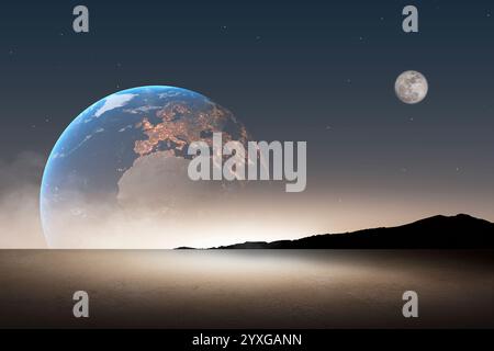 Die Erde erhebt sich über einem fernen Planeten-Horizont, mit dem Mond im Blickfeld und einer surrealen kosmischen Atmosphäre. Ideal für die Automobilindustrie, Sci Fi und Spa Stockfoto