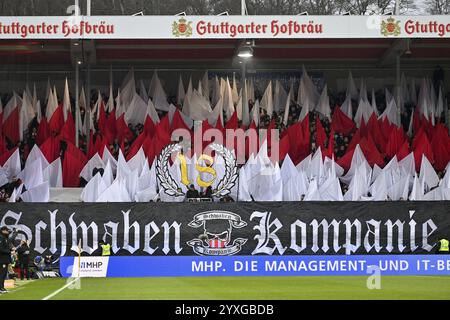 Choreo, Choreographie, Fanaktion KEIN Weg ist ZU WEIT 18 Jahre Schwaben Kompanie, VfB Stuttgart, Fanblock, Flaggen, Flaggen, atmosphärisch, Voith-Arena, He Stockfoto