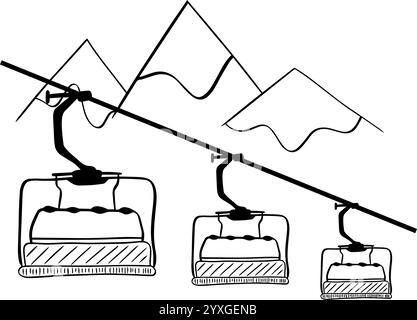 Berglift Seilbahn Transport Vektor grafische Linie Kunst Komposition. Berge mit Schnee. Freizeit Wintersport, Urlaub und Urlaub. Stock Vektor