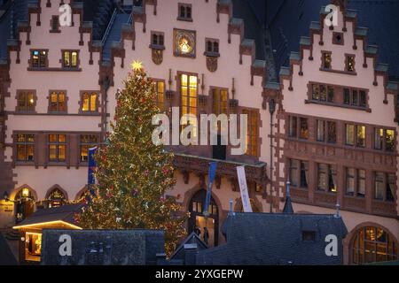 Der Weihnachtsbaum Florian erstrahlt bunt dekoriert auf dem Roemerberg in Frankfurt am Main. Frankfurt am Main, Roemerberg, Hessen, Deutschland, Europa Stockfoto