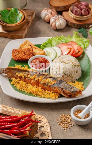 Gebratener Wels (Indonesien: lele goreng) mit Sambal balado ist traditionelles indonesisches kulinarisches Essen, populäres Street Food namens Pecel Lele Lamongan oder Stockfoto