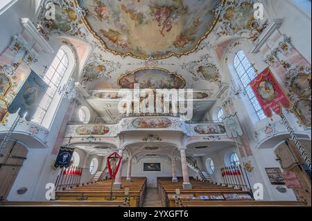 Orgelboden- und Deckenfresken, Rokoko-Kirche St. Ulrich, liebevoll bekannt als -die kleine Wiese-, Seeg, Allgaeu, Bayern, Deutschland, Europa Stockfoto