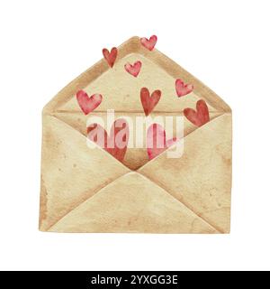 Gestalte einen offenen Retro-Umschlag für Briefe mit roter und rosa Herz-Aquarellabbildung. Zum Versenden von Liebesbriefen, Mütter- und Frauentag, Valentinstag, Einladungen zu Feiertagen, Vintage-Dekorationen. Stockfoto