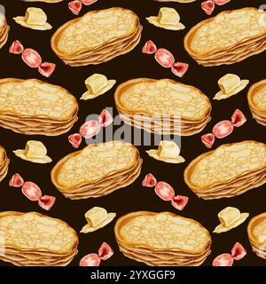 Heiße Pfannkuchen und Stücke Butter und rote Bonbons nahtlos Muster auf Schwarz. Aquarellillustration für Verpackungen, Küchentextilien, Servietten, Etiketten. Stockfoto