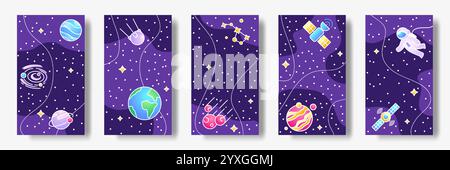 Weltraum. Kosmischer Rahmen. Galaxiemeteore und Asteroiden. Planetenumlaufbahnen. Kosmonaut im Raumanzug. Astronauten-Raumfahrt. Sternenkonstellation. Universum Sat Stock Vektor