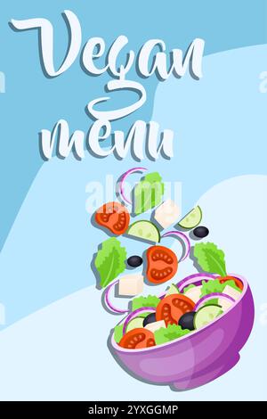 Gesunder Salat. Veganes Menü für Café und Restaurant. Frisches Gemüse. Zutaten in einer Schüssel kochen. Köstliches vegetarisches Essen. Fliegende Tomate Stock Vektor