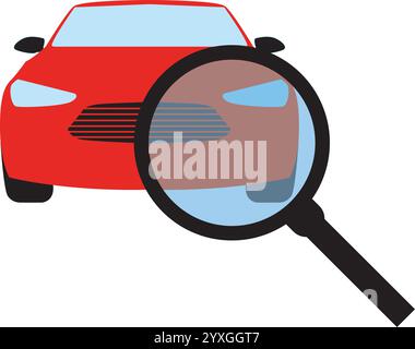 Fahrzeugsymbol für technische Inspektion, Lupe mit Fahrzeug, automatische Suche, Symbol auf weißem Hintergrund Stock Vektor