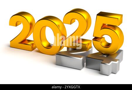 Neujahr 2025 Urlaubskonzept. Die Nummer 2025 nahe der alten 2024 isoliert auf weiß Stockfoto