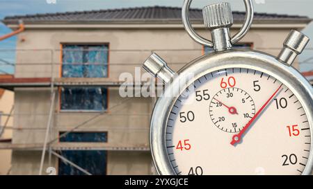 Stoppuhr vor dem neu gebauten Haus Stockfoto