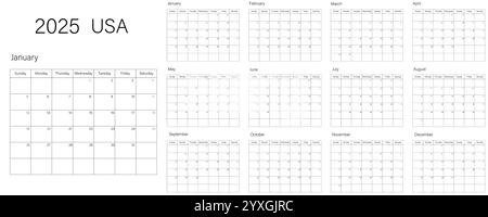 Diese Grafik zeigt den vollständigen Kalender 2025 in den USA und zeigt alle Monate und ihre jeweiligen Tage Stock Vektor