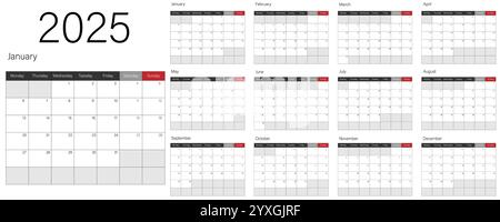 Ein stilvolles, sauberes und modernes Kalenderlayout, das speziell für das Jahr 2025 entworfen wurde und detaillierte Monatsansichten bietet Stock Vektor