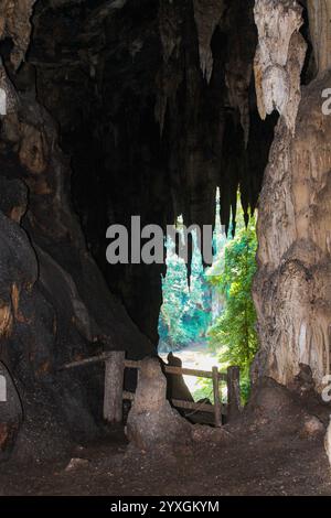 Blick aus dem Inneren der Tham Lod Cave in Mae Hong Son, mit natürlichen Kalksteinformationen und Holzsteg mit Blick auf üppiges Grün durch die Höhle Stockfoto