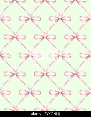 Nahtloses Schleifenmuster in Wasserfarben. Pastellrosafarbener roter und grüner präppischer festlicher abstrakter Hintergrund. Handgezeichnete Bögen in Aquarellfarbe. Druck für Tuch DE Stockfoto