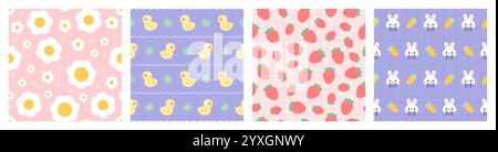 Einfache, nahtlose Muster für Kinder. Niedliche, wiederholte Elemente, kawaii kindliche Gegenstände, lustige Entlein, Hasen, Beeren. Dekor aus Textil, Verpackung, Tapete Stock Vektor