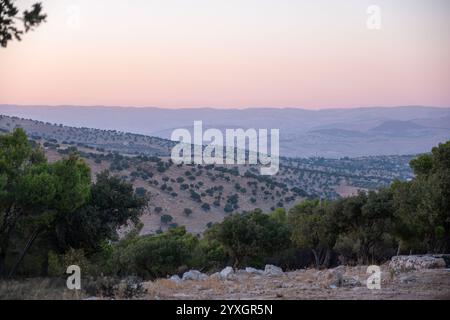 Ein atemberaubender Sonnenuntergang strahlt ein warmes Leuchten über sanften Hügeln und fernen Bergen in Jordanien aus Stockfoto