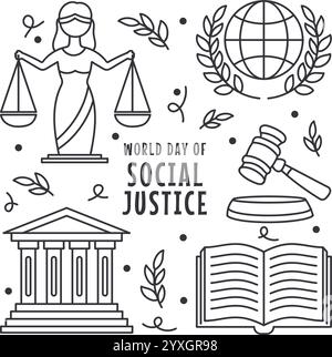 World Day of Social Justice Line Art Vector Elements Kollektionen Stock Vektor